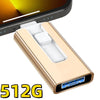 Adaptateur de clé USB couleur or avec connecteur blanc et étiquette 512G à côté d'un smartphone.