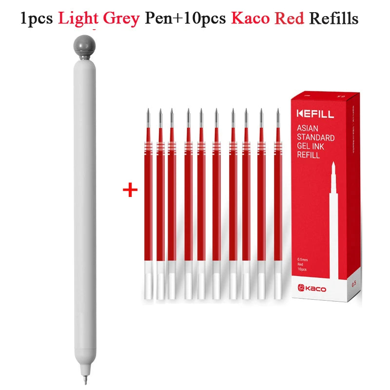 A set of 1 pen and 10 refills of Light Grey and Kaco Red gel ink pens.