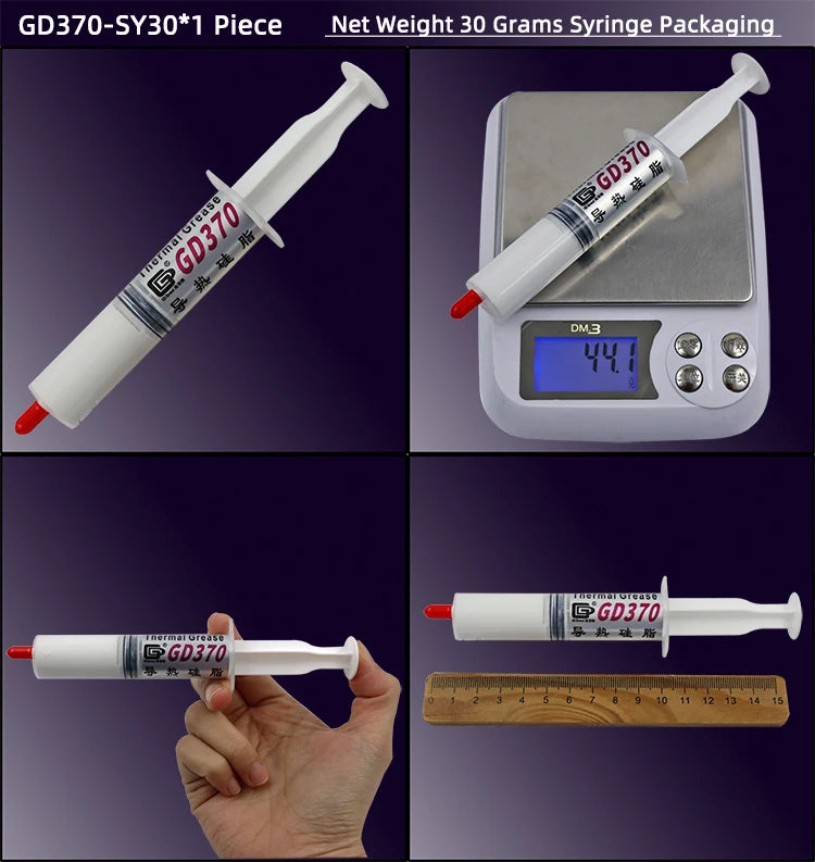 A syringe of GD370 thermal grease is shown in various views, including packaging and being held by a hand.