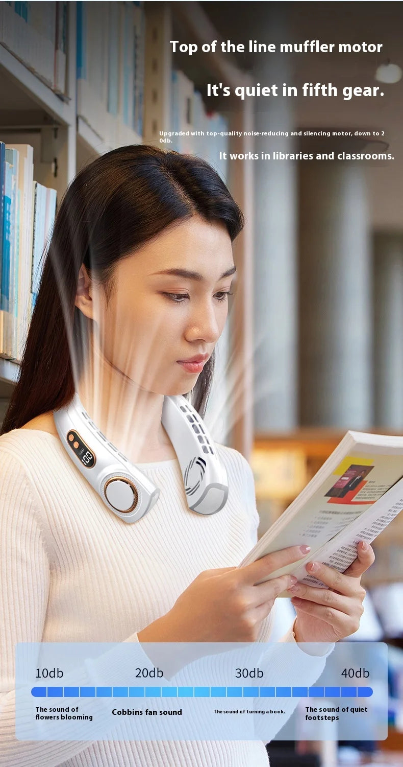 A woman is using a portable bladeless neck fan with cooling technology in a bright indoor setting.