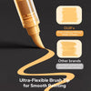 Close-up of an acrylic brush tip demonstrating smooth painting, comparing it to other brands that leave water streaks.