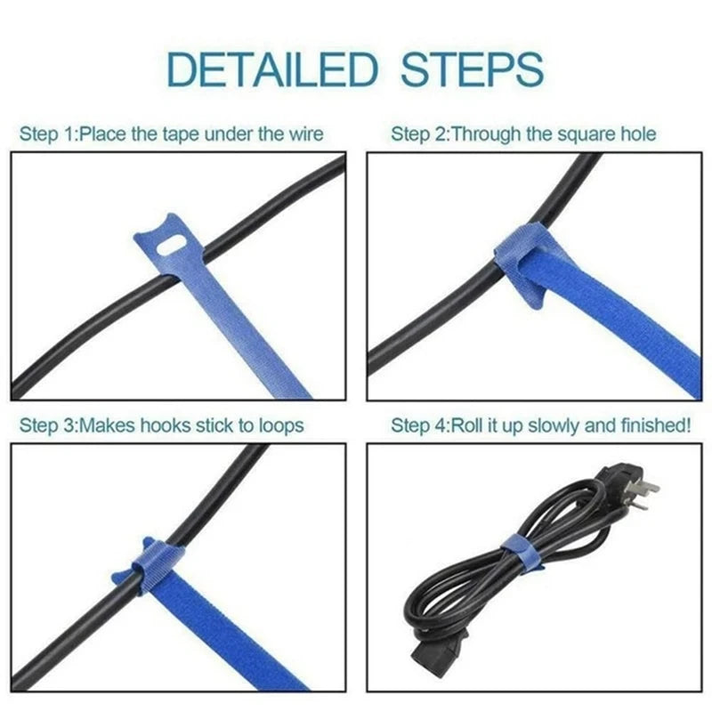 Detailed steps showing how to use reusable nylon cable organizer ties to manage wires and cords.
