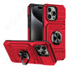 A red magnetic ring kickstand phone case shown in various configurations.