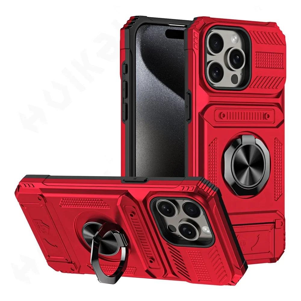A red magnetic ring kickstand phone case shown in various configurations.