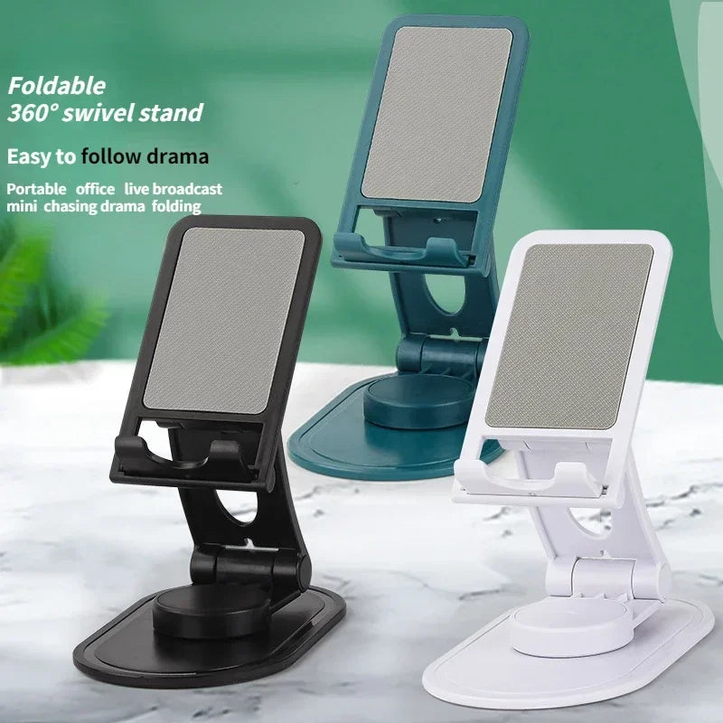 A foldable 360 degree swivel stand for a phone or tablet, shown in black and white, used as a portable office or mini chasing