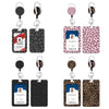 A set of retractable ID badge holders featuring a leopard print design in black and pink.