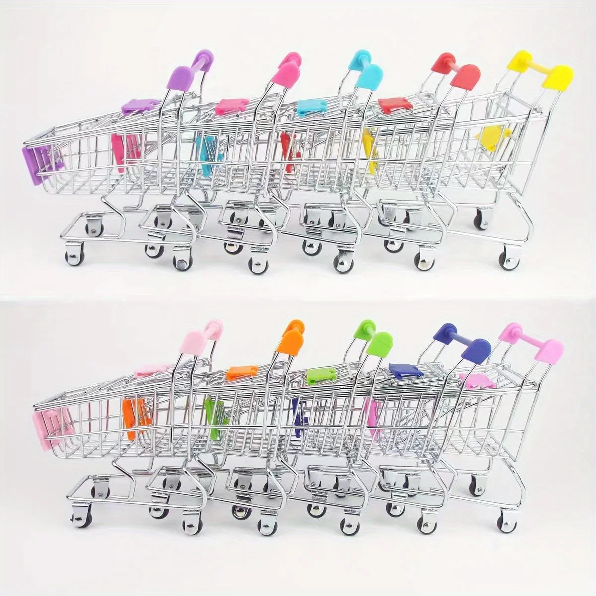 A silver mini shopping cart desktop organizer with rolling wheels and colorful side pockets.