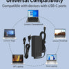 A universal compatibility adapter for USB-C laptops, shown connecting various devices like a Lenovo Chromebook, Yoga, ThinkPa