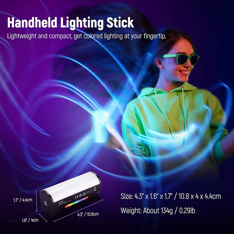 A woman holds a handheld lighting stick emitting blue light against a purple background.