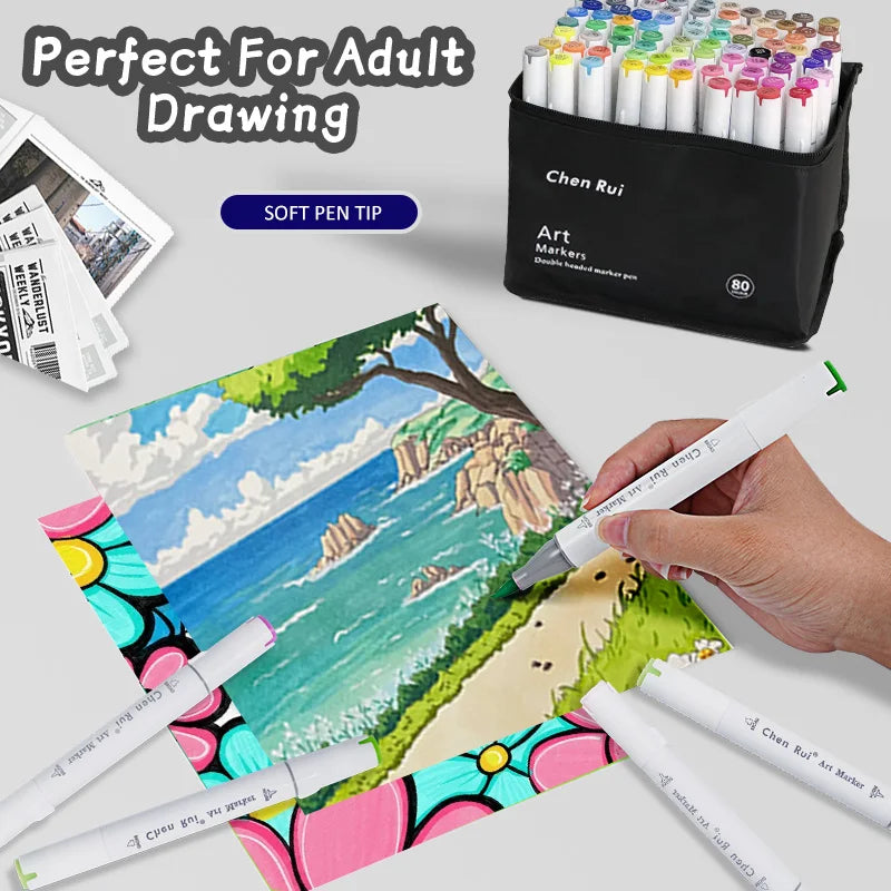 A set of Chen Rui art markers in a black case is shown alongside a piece of paper and a hand using the markers for adult draw