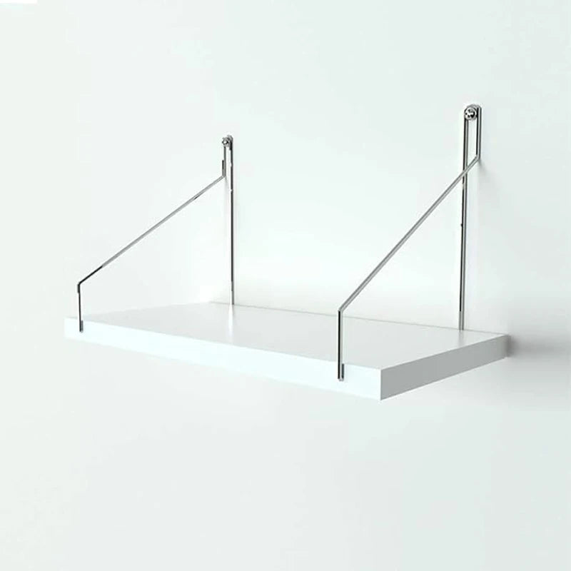 A white wall-mounted projector stand with metal arms for mounting, designed for no drilling required installation.