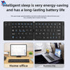 A black foldable Bluetooth keyboard is shown in a home office setting and during a business trip.