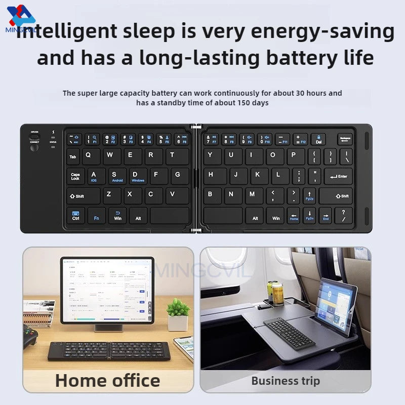 A black foldable Bluetooth keyboard is shown in a home office setting and during a business trip.