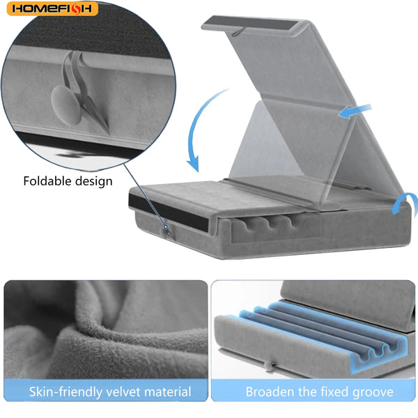 Foldable tablet pillow stand featuring a velvet material and a fixed groove for support.