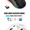 A black and white three-mode Bluetooth mouse is shown with an RGB light effect.