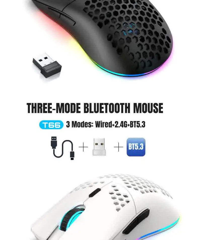 A black and white three-mode Bluetooth mouse is shown with an RGB light effect.