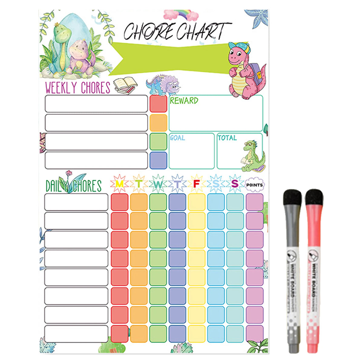 A colorful magnetic weekly chore chart for kids with sections for daily chores and rewards.