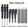 A set of nine gray precision carpenter pencils including three pens, three pen caps, and three boxes of lead.