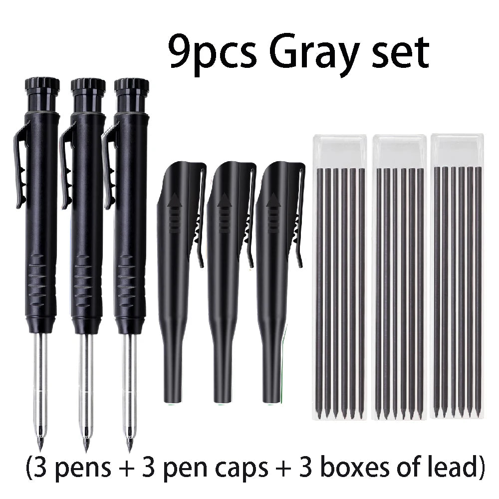 A set of nine gray precision carpenter pencils including three pens, three pen caps, and three boxes of lead.