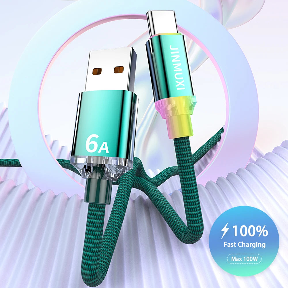 A close-up of a green braided USB-C fast charging cable with a JIMUXI connector and a 6A rating, set against a light backgrou