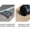 An adjustable PC tower stand featuring a lock mechanism and caster wheels, shown in various contexts.