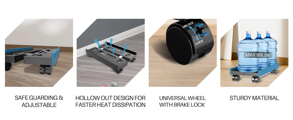An adjustable PC tower stand featuring a lock mechanism and caster wheels, shown in various contexts.