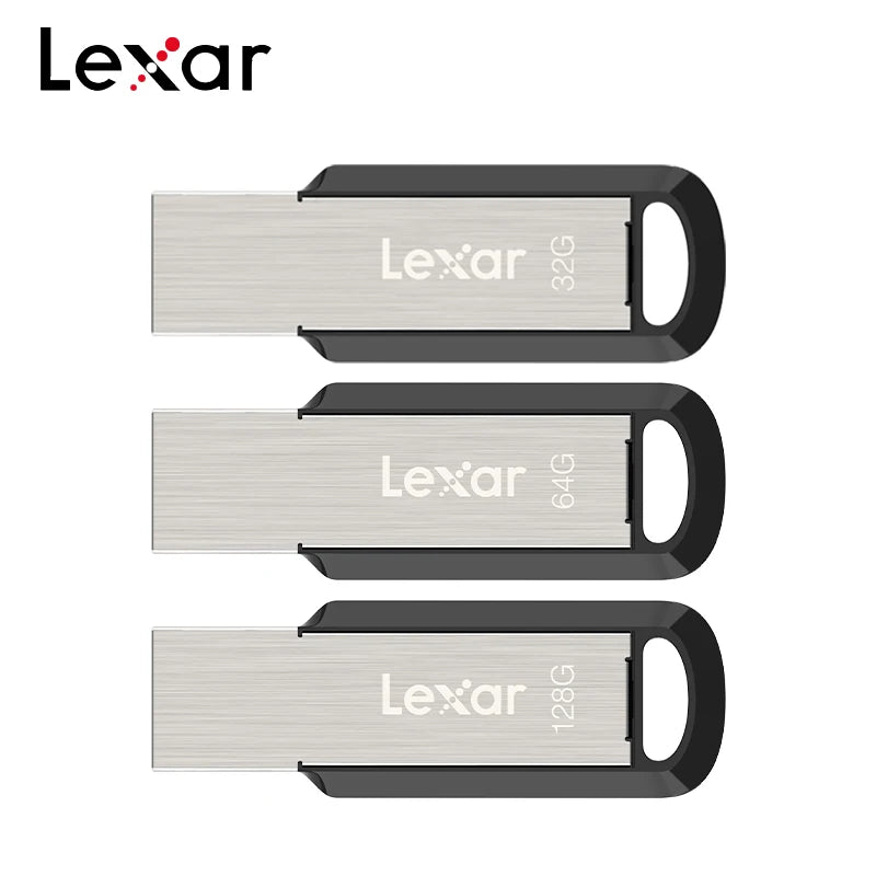Three silver Lexar flash drives of different capacities 32GB, 64GB, and 128GB shown side by side.