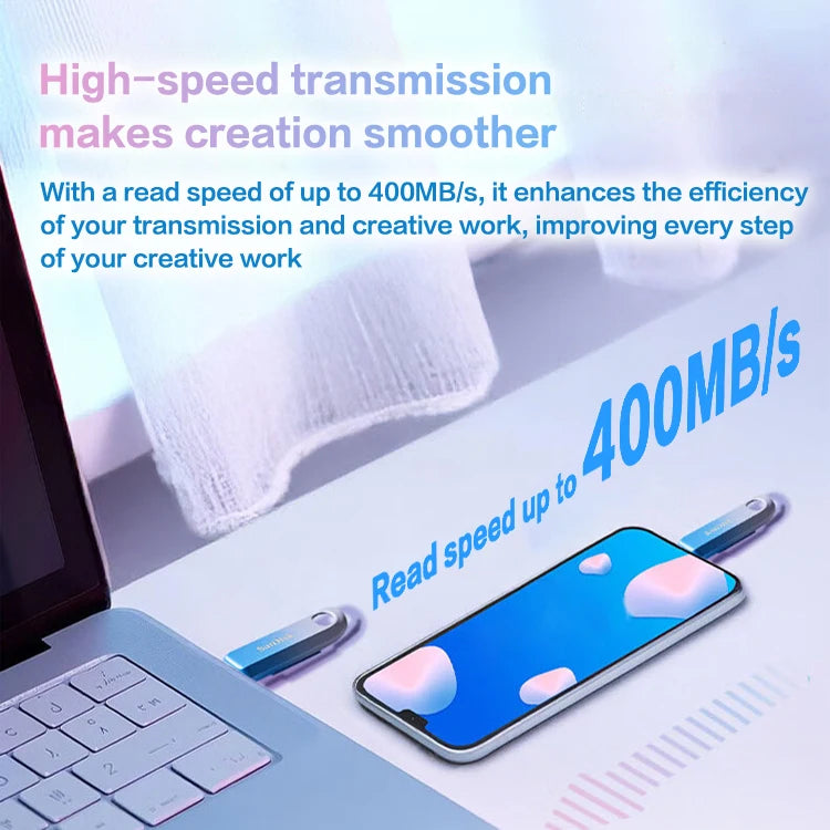 A blue smartphone is shown next to a laptop, illustrating high-speed data transfer for creative work.