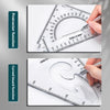 A hand uses a precision triangular drafting ruler to draw a curved line on white paper.