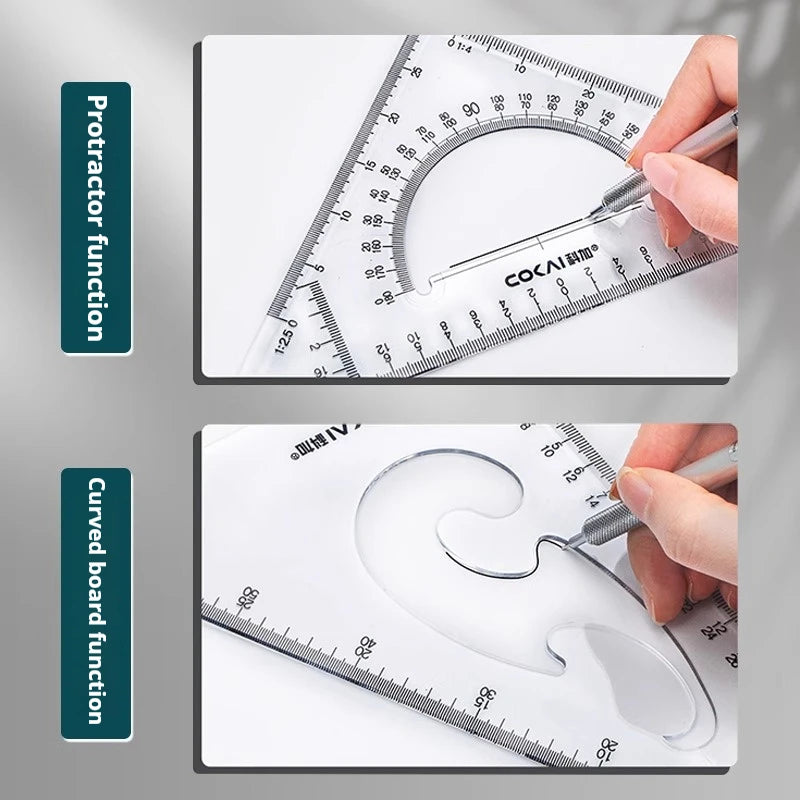 A hand uses a precision triangular drafting ruler to draw a curved line on white paper.