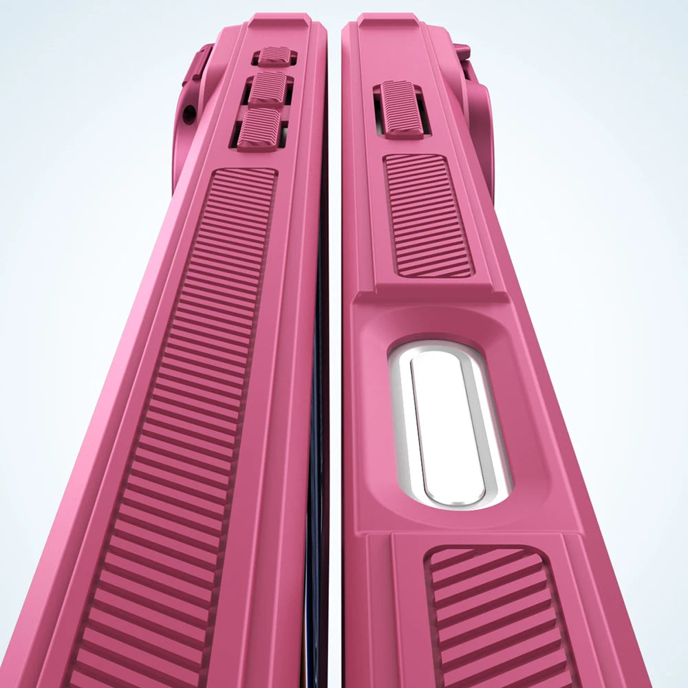 A pink magnetic shockproof iPhone case designed to protect the camera lens.