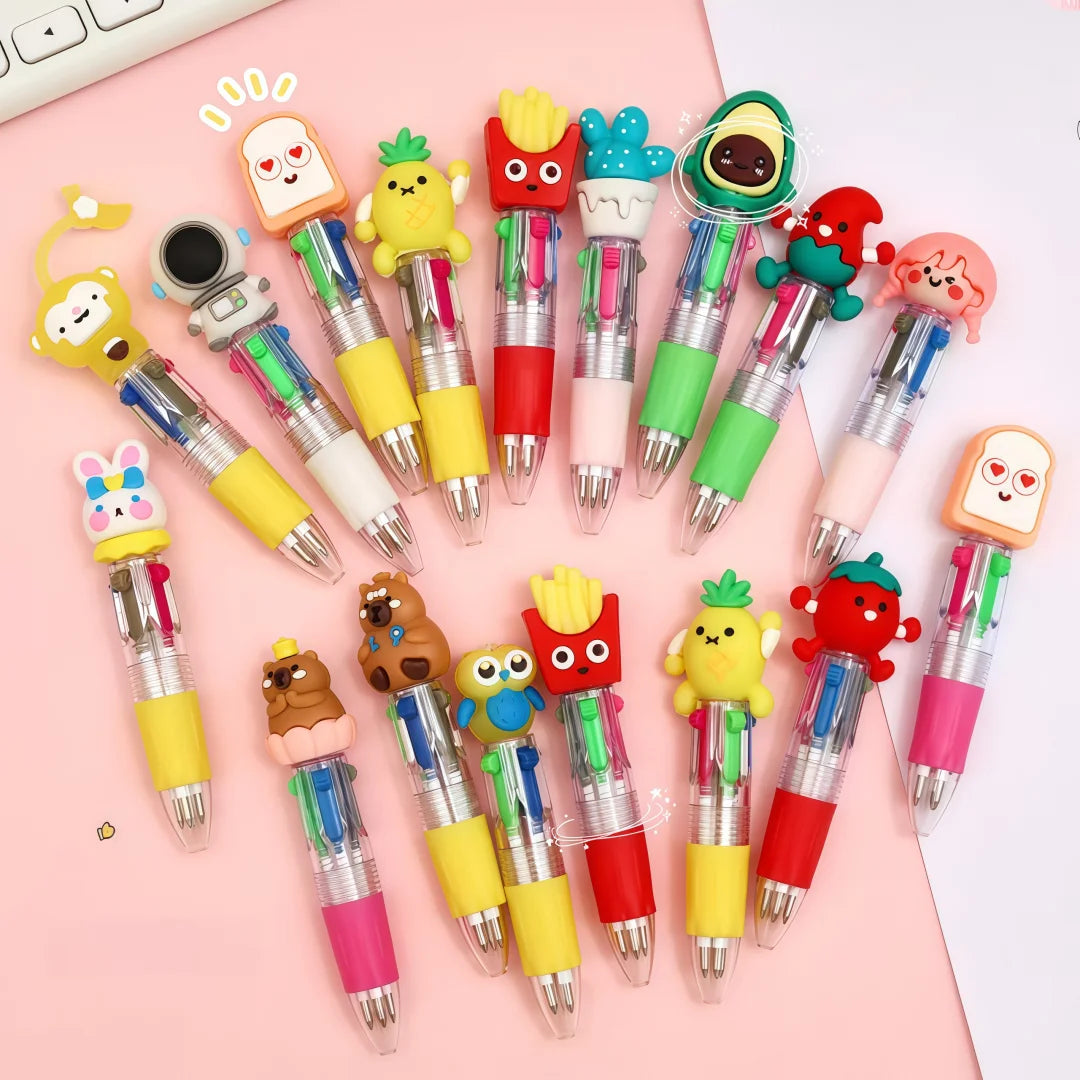 A collection of 4 multicolor kawaii ballpoint pens in various bright colors and designs.