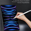 A hand holds a white stylus pen writing on an iPad screen displaying colorful light lines.