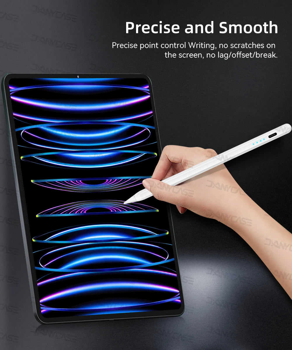 A hand holds a white stylus pen writing on an iPad screen displaying colorful light lines.