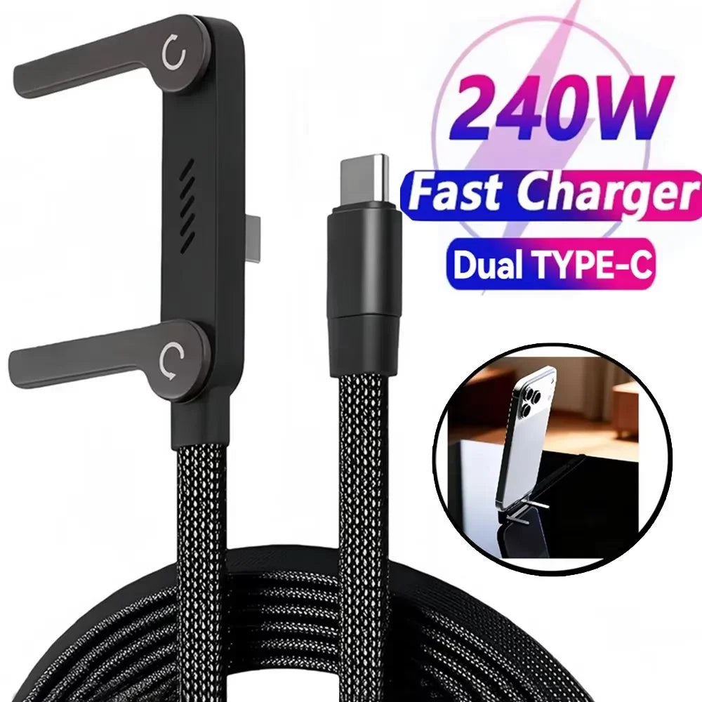 Black foldable dual Type-C charging cable with a phone holder and 240W fast charger
