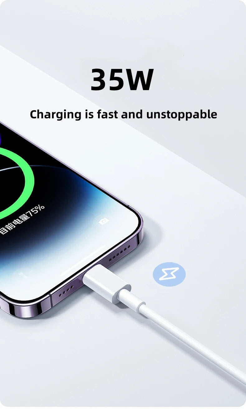 A close-up shot of an iPhone charging with a white USB-C cable, showing a 35W fast charge capability.