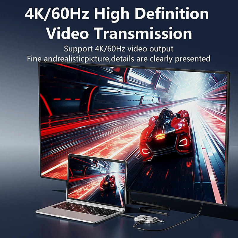 Un ordinateur portable est connecté à un moniteur affichant un test de transmission vidéo haute définition.