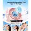 A pink semiconductor cooling chip device is shown with ice therapy features and a fan, demonstrating immediate cooling for th