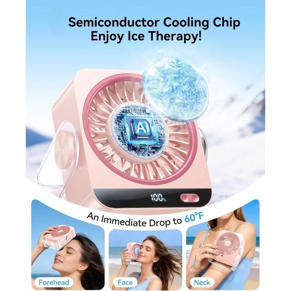 A pink semiconductor cooling chip device is shown with ice therapy features and a fan, demonstrating immediate cooling for th