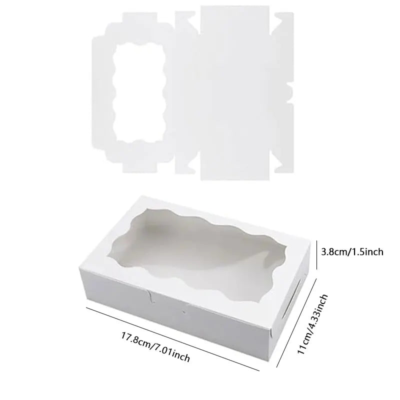 White kraft paper gift box with a decorative cutout, shown in both flat and assembled views.