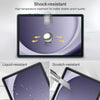 A display shows features of a shock-resistant and liquid-resistant tempered glass screen protector for a tablet.