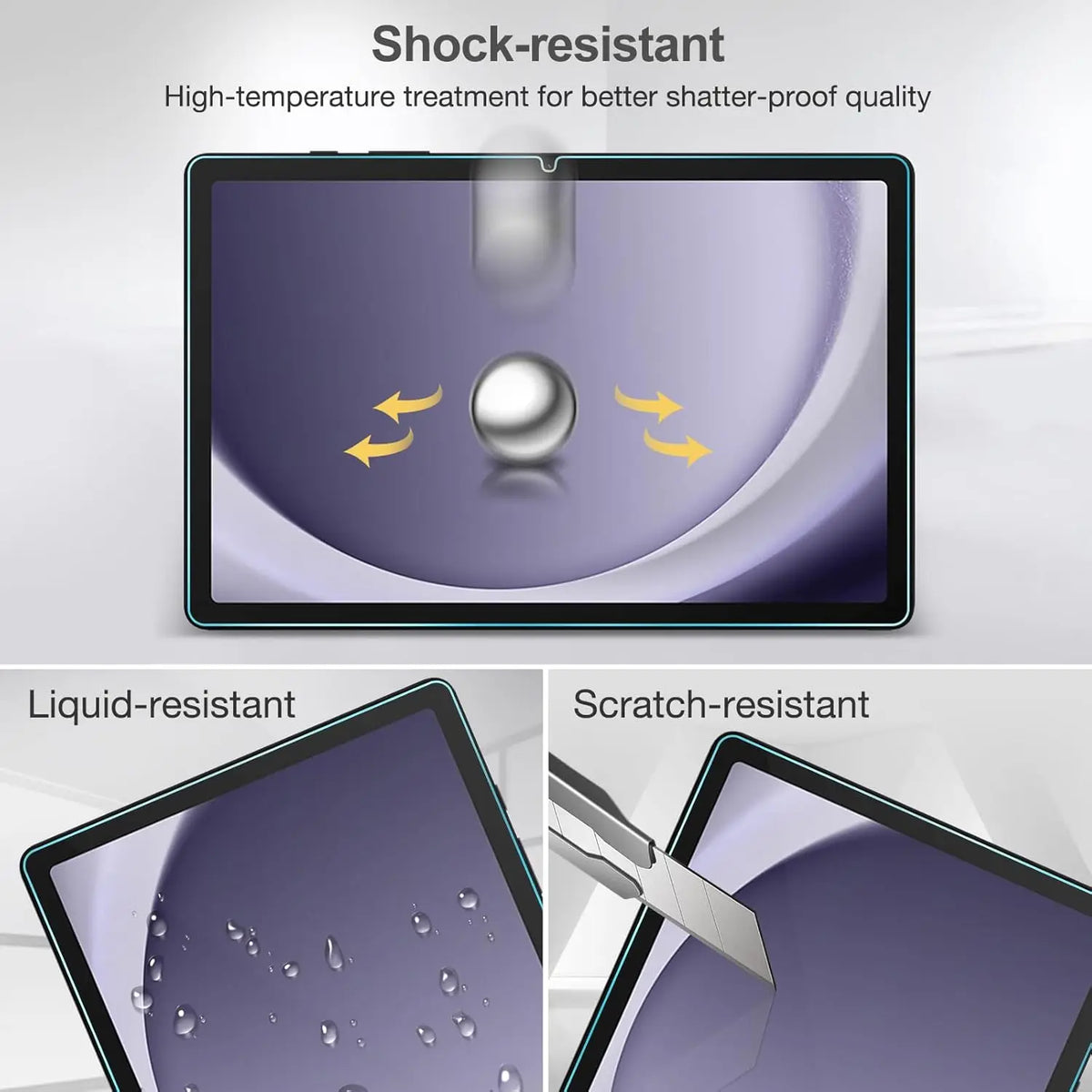 A display shows features of a shock-resistant and liquid-resistant tempered glass screen protector for a tablet.