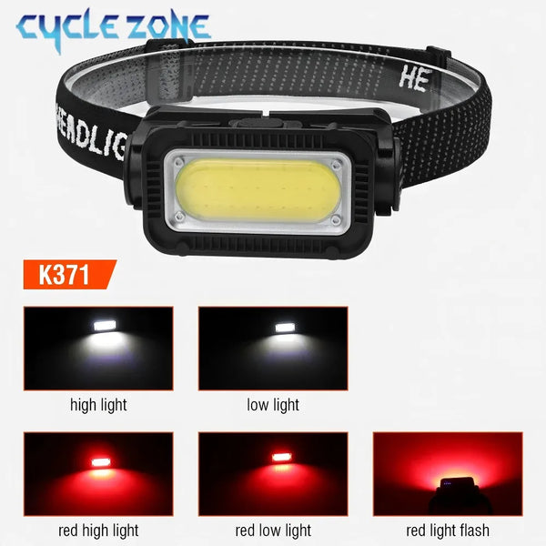 Black LED headlamp with five lighting modes including high, low, red, and flash lights
