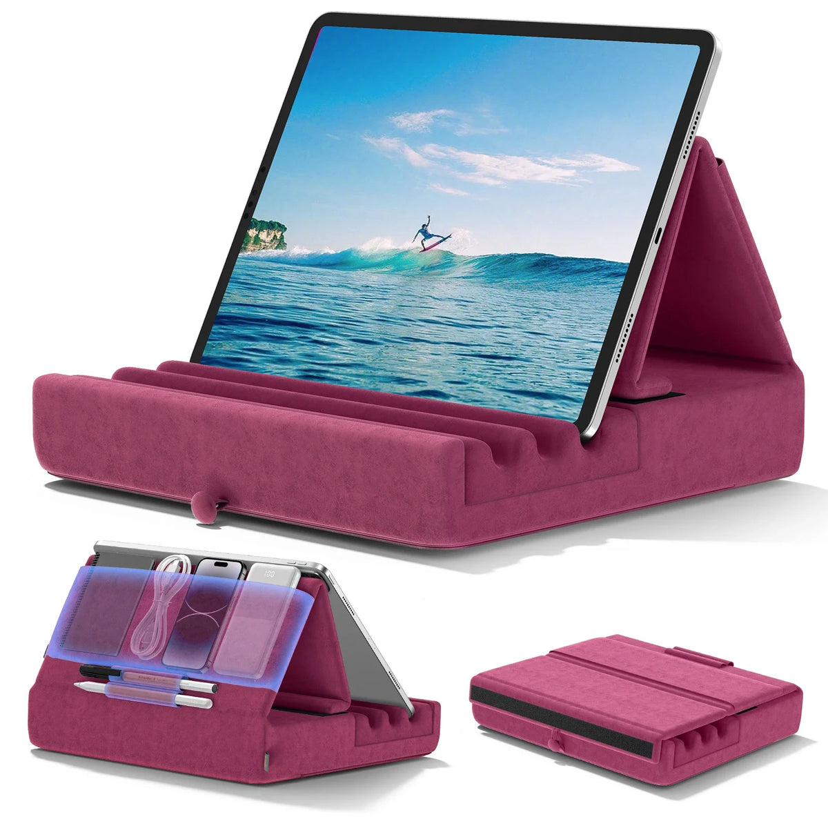 A pink foldable tablet pillow stand with a built-in pocket and a tablet resting on it.
