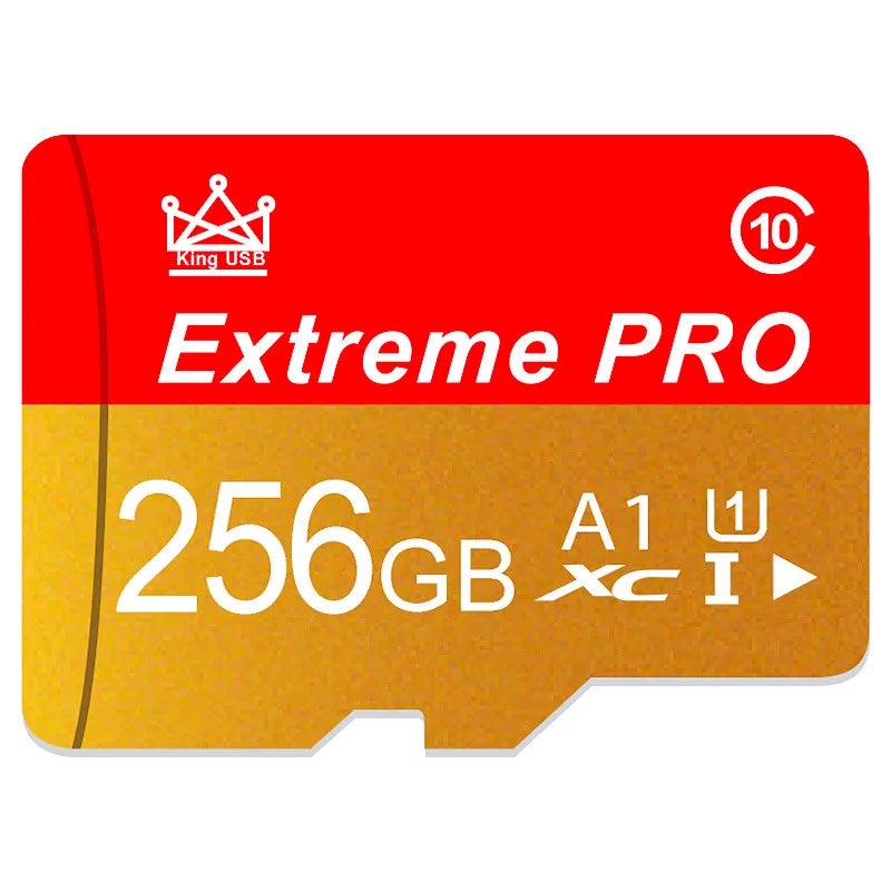 بطاقة ذاكرة حمراء وذهبية تحمل اسم Extreme PRO بسعة 256 جيجابايت