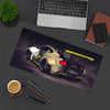 A large gaming mouse pad featuring a detailed JDM car design, placed next to a laptop and writing tools.