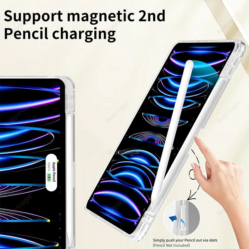 A clear protective case for an Apple Pencil is shown with magnetic charging support.