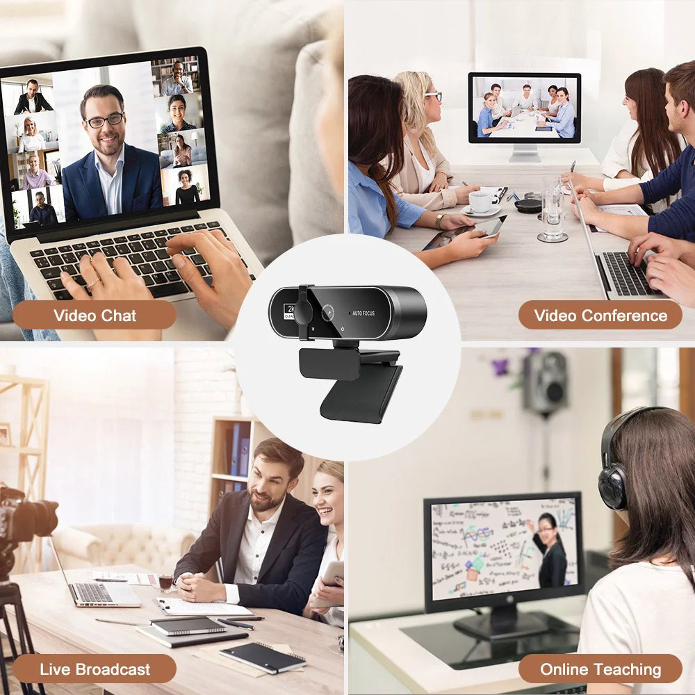 A collection of images showing various uses of a 4K Autofocus Webcam with Integrated Microphone for video chat, conference, l