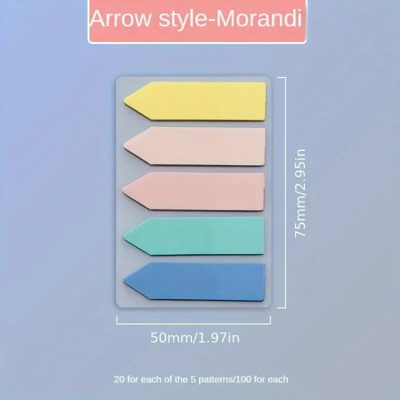 A set of five fluorescent PET sticky notes with arrow style Morandi tabs in yellow, pink, mint green, and blue.