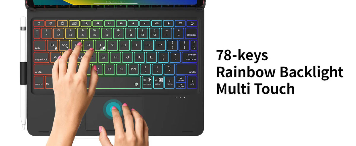 Eine Hand tippt auf einem Laptop mit einer Tastenkappe für eine 78-Tasten Rainbow Backlight Multi Touch Tastatur.